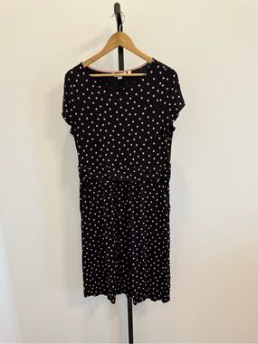 Boden Amelie Jersey Knit Black Midi Dress Pink Polka Dots Pockets Sz 12 Office